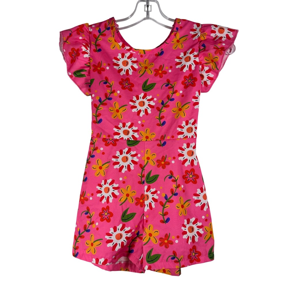 Pink romper Girls  Floral Daisy Ruffle Sleeve Open Back Summer